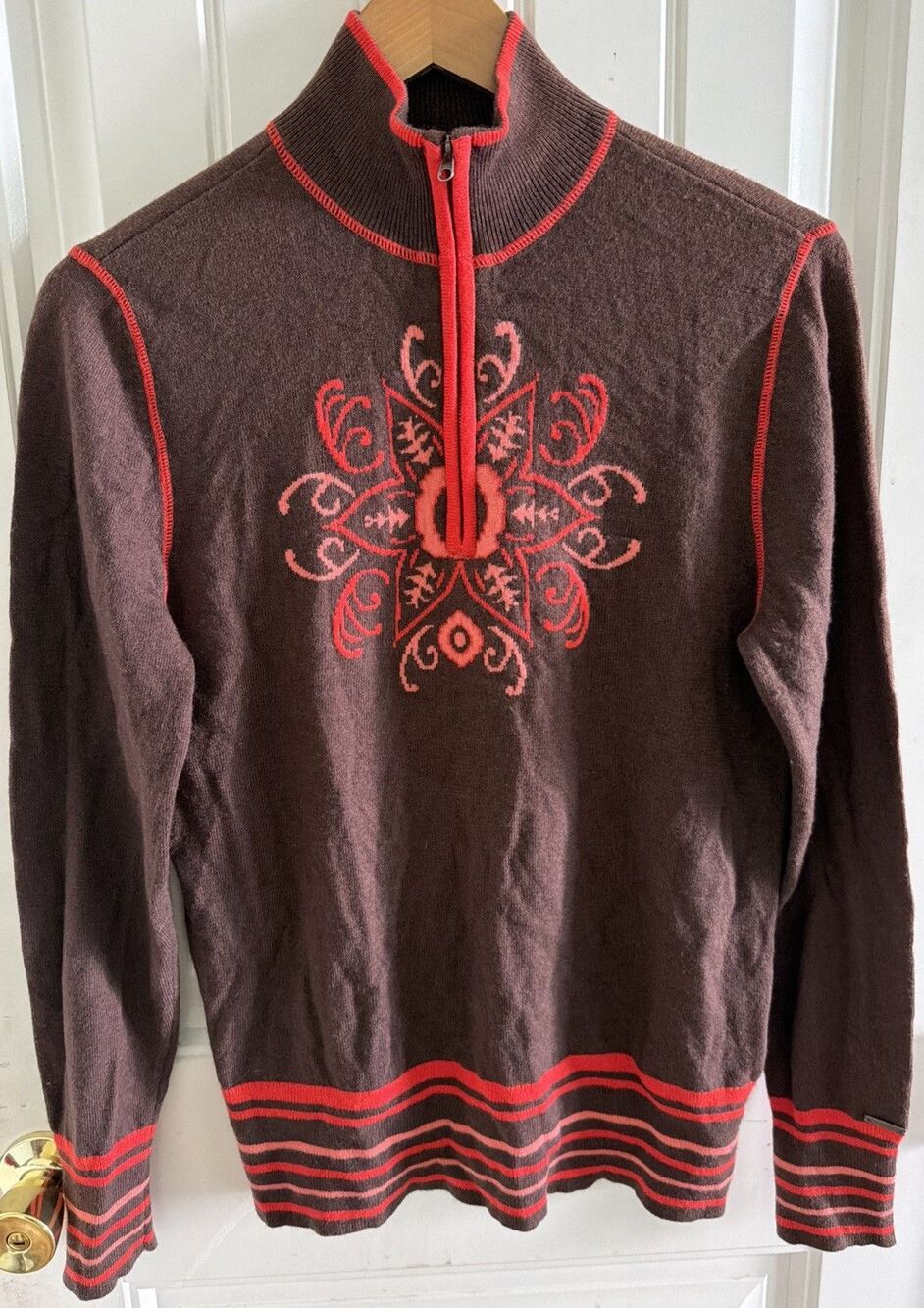 Cabela's Womens Wool Blend 1/4 Zip Sweater Size S Brown Floral Embroidered